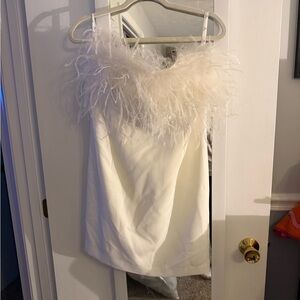 David's Bridal White Feather-Trim Mini Dress